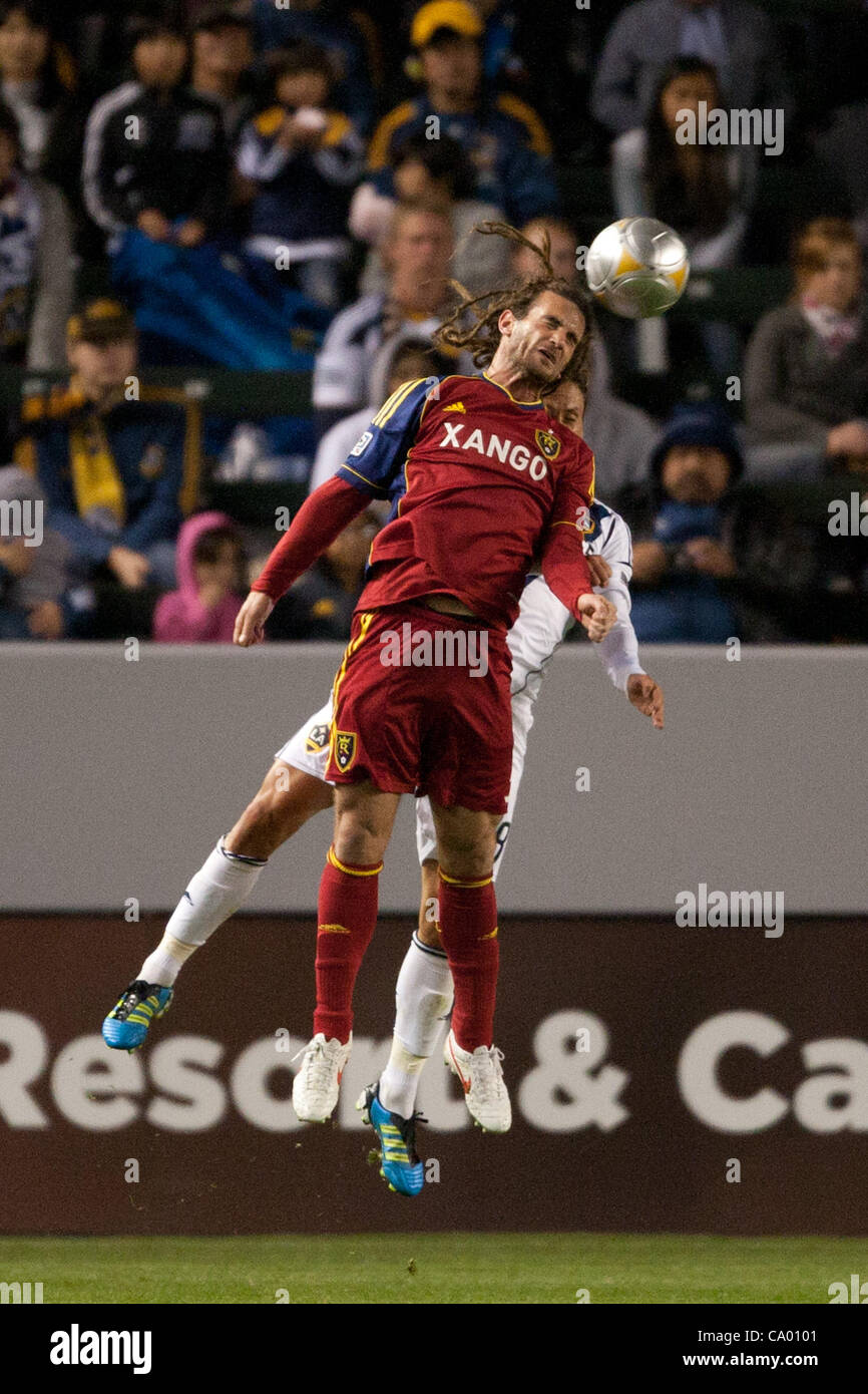 March 10, 2012 - Carson, California, U.S - Real Salt Lake midfielder Kyle Beckerman #5 and Los Angeles Galaxy midfielder Marcelo Sarvas #8 compete for the ball during the Major League Soccer game between Real Salt Lake and the Los Angeles Galaxy at the Home Depot Center. Real Salt Lake went on to de Stock Photo