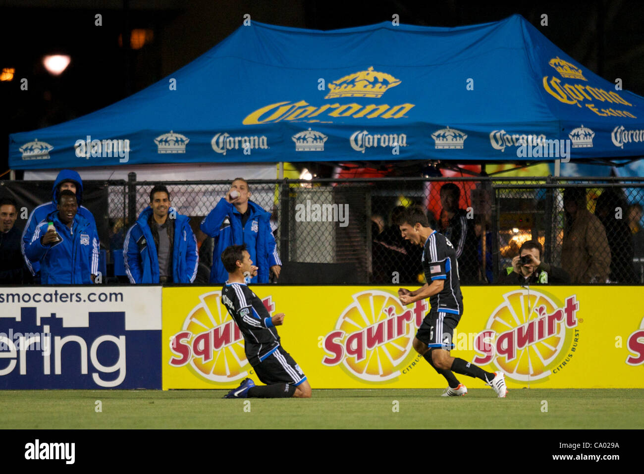 March 10, 2012 - Santa Clara, California, U.S - Earthquakes forward Chris Wondolowski (8) celebrates his first-half goal with midfielder Shea Salinas (6) during the MLS match between the San Jose Earthquakes and New England Revolution at Buck Shaw Stadium in Santa Clara, CA.  The Earthquakes won the Stock Photo