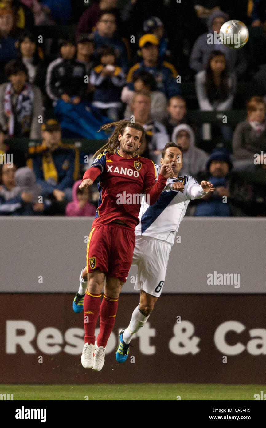March 10, 2012 - Carson, California, U.S - Real Salt Lake midfielder Kyle Beckerman #5 and Los Angeles Galaxy midfielder Marcelo Sarvas #8 in action during the Major League Soccer game between Real Salt Lake and the Los Angeles Galaxy at the Home Depot Center. Real Salt Lake went on to defeat the Ga Stock Photo
