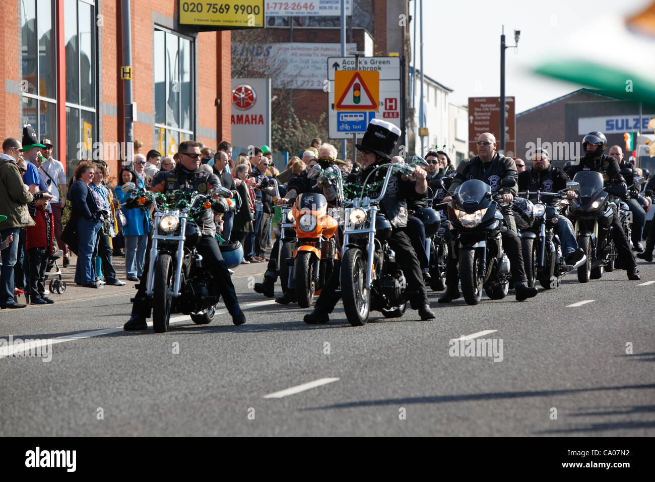 Motorcyclists taking part in the St Patrick's day parade in Birmingham UK. Stock Photo