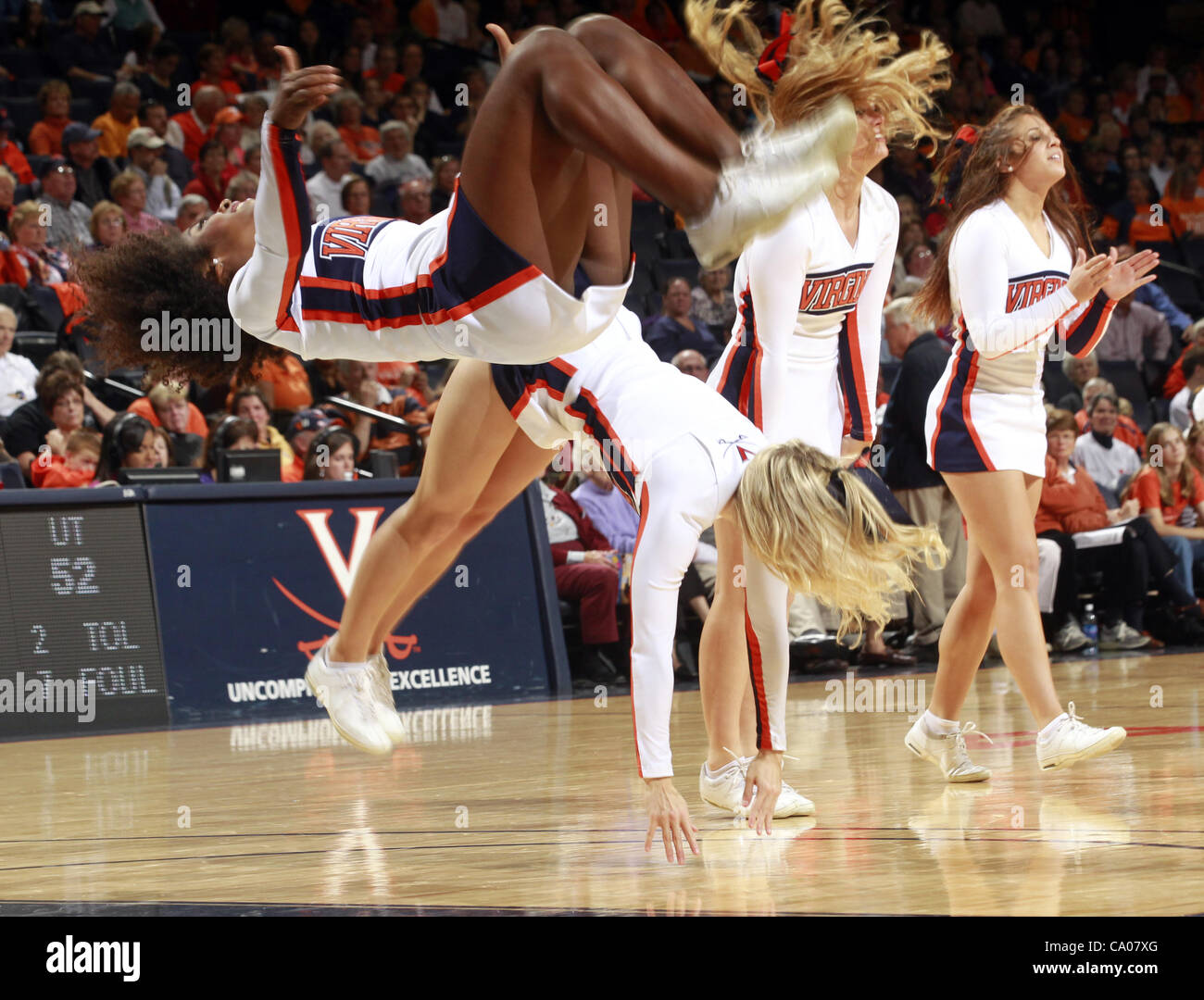Nov. 20, 2011 - Charlottesville, Virginia, United States - Virginia Cavaliers cheerleaders perform during the game on November 20, 2011 against the Tennessee Lady Volunteers at the John Paul Jones Arena in Charlottesville, Virginia. Virginia defeated Tennessee in overtime 69-64. (Credit Image: © And Stock Photo