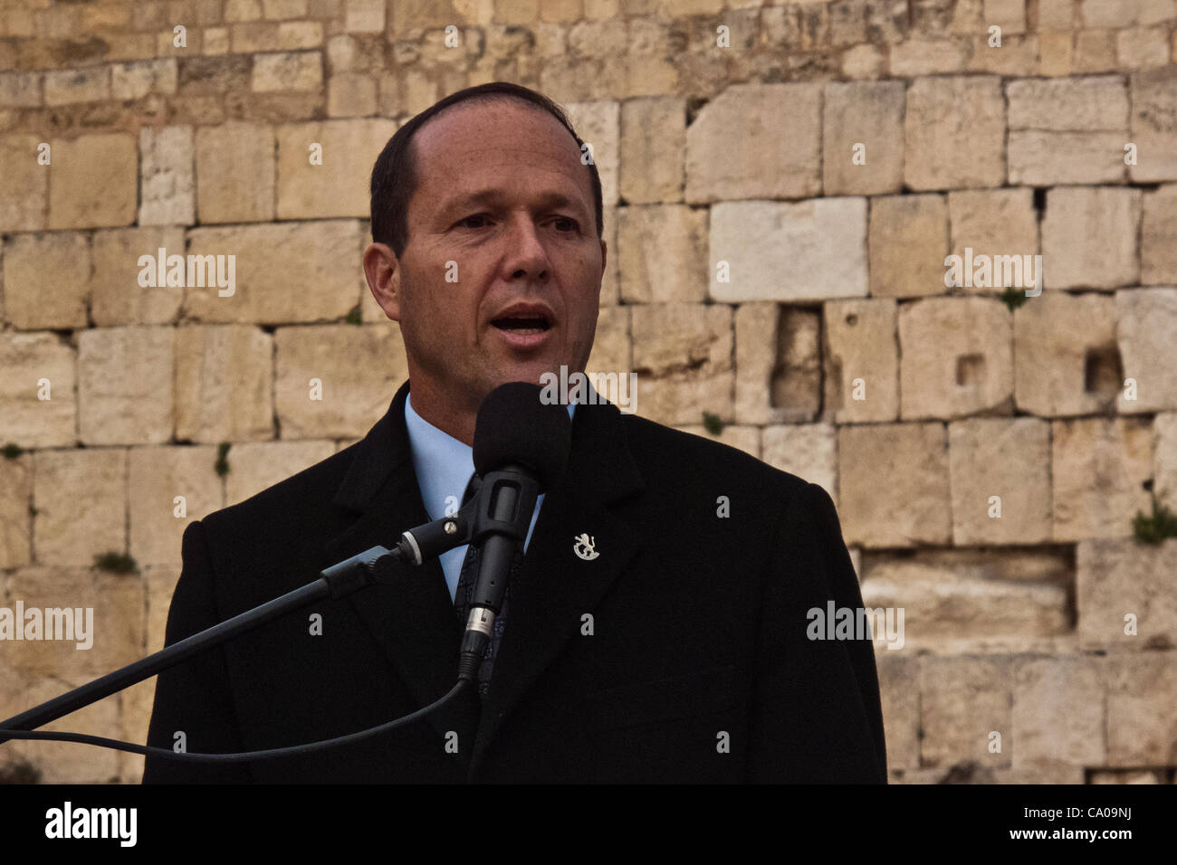 Jerusalem Mayor Nir Barkat addresses guests at a welcoming ceremony for thousands of swifts returning from South Africa to nest in the Western Wall as spring and breeding season arrive. Jerusalem, Israel. 12-Mar-2012. Stock Photo