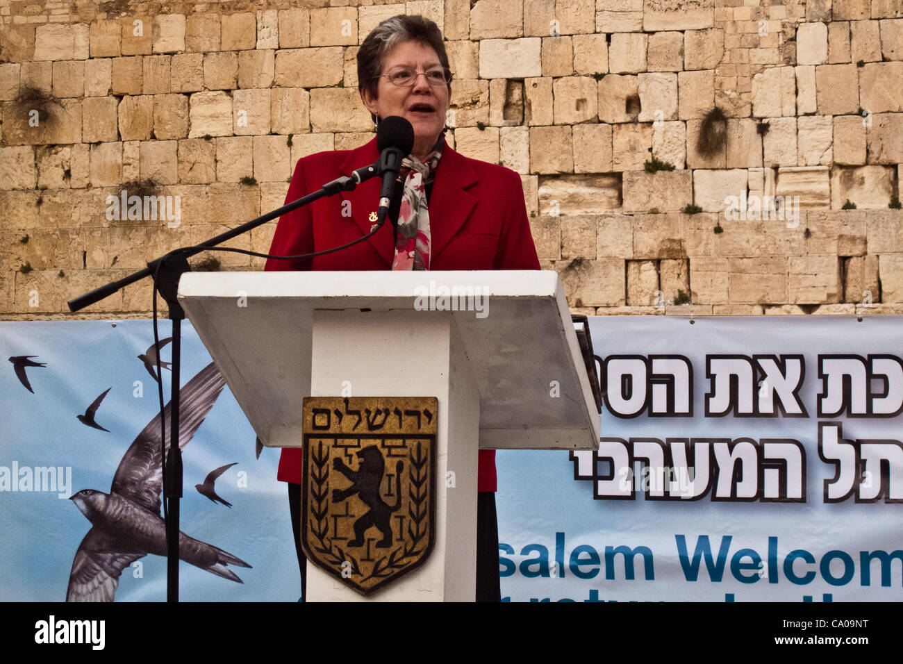 Deputy Mayor Naomi Tsur addresses guests at a welcoming ceremony for thousands of swifts returning from South Africa to nest in the Western Wall as spring and breeding season arrive. Jerusalem, Israel. 12-Mar-2012. Stock Photo