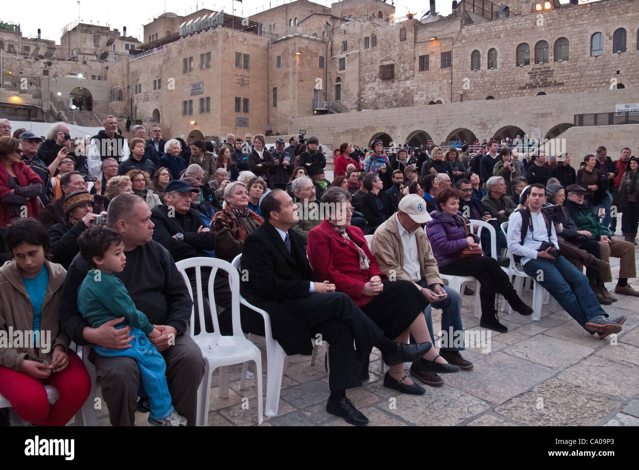 Mayor Nir Barkat takes part in a welcoming ceremony for thousands of swifts returning from South Africa to nest in the Western Wall as spring and breeding season arrive. Jerusalem, Israel. 12-Mar-2012. Stock Photo