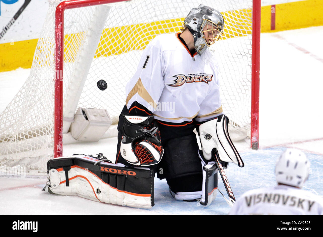 March 12, 2012 - Denver, Colorado, United States - Anaheim Ducks goalie ...