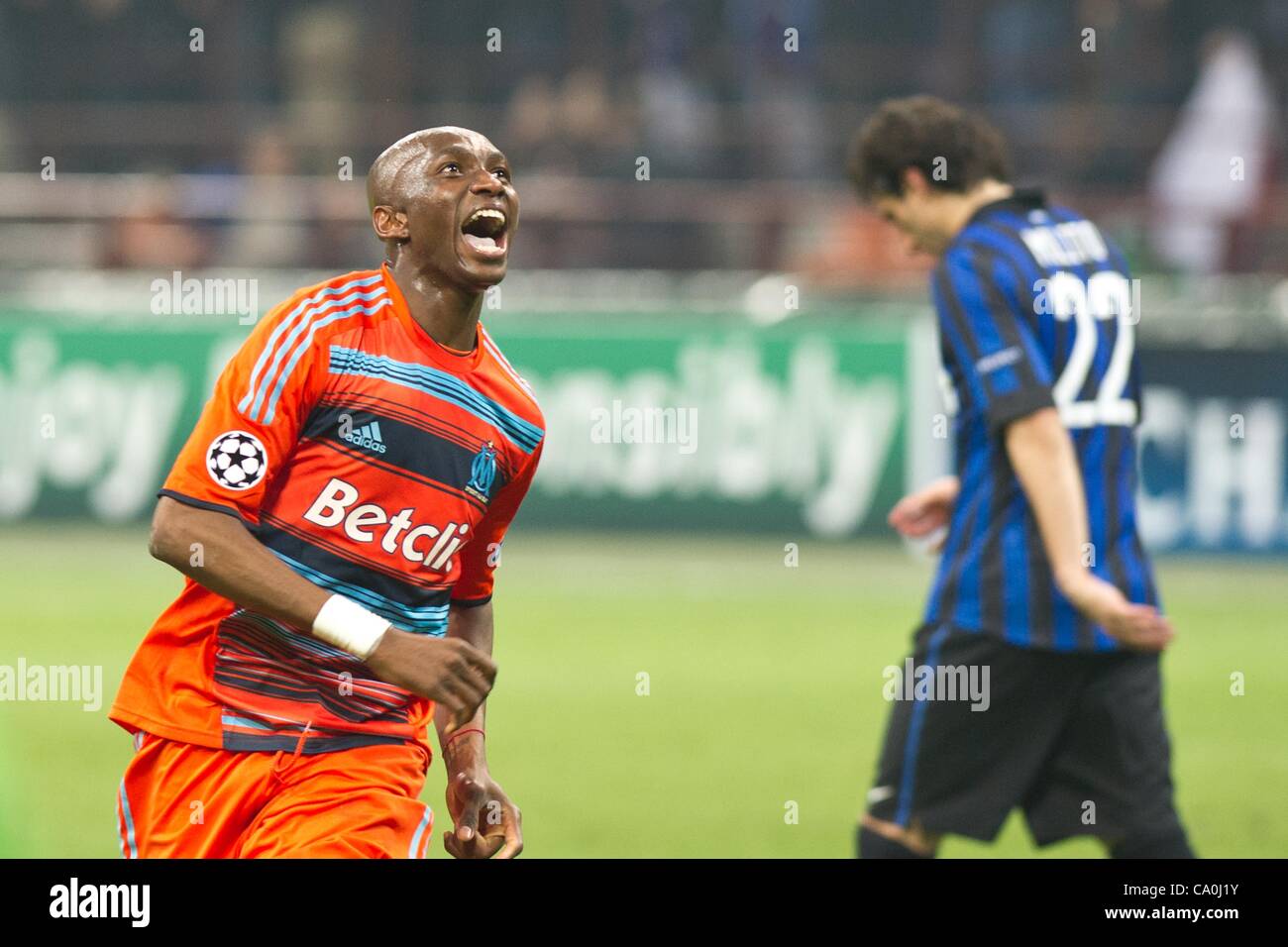 Stephane Mbia (Marseille), Diego Milito (Inter), MARCH 13, 2012 - Football / Soccer : Stephane Mbia of Marseille celebrates after the UEFA Champions League Round of 16, 2nd leg match between Inter Milan 2-1 Olympique Marseille at Stadio Giuseppe Meazza in Milan, Italy. Photo by Enrico Calderoni/AFLO Stock Photo