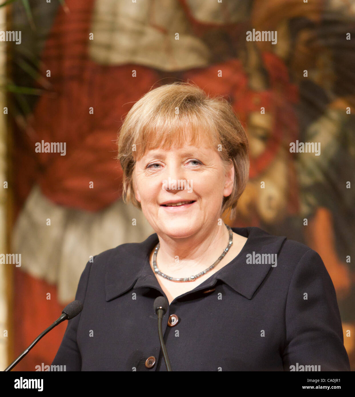 ROME, ITALY. TUESDAY, MARCH 13th 2012. German Chancellor Angela Merkel at a press conference following the Italo German summit at the Palazzo Chigi in Rome. Stock Photo
