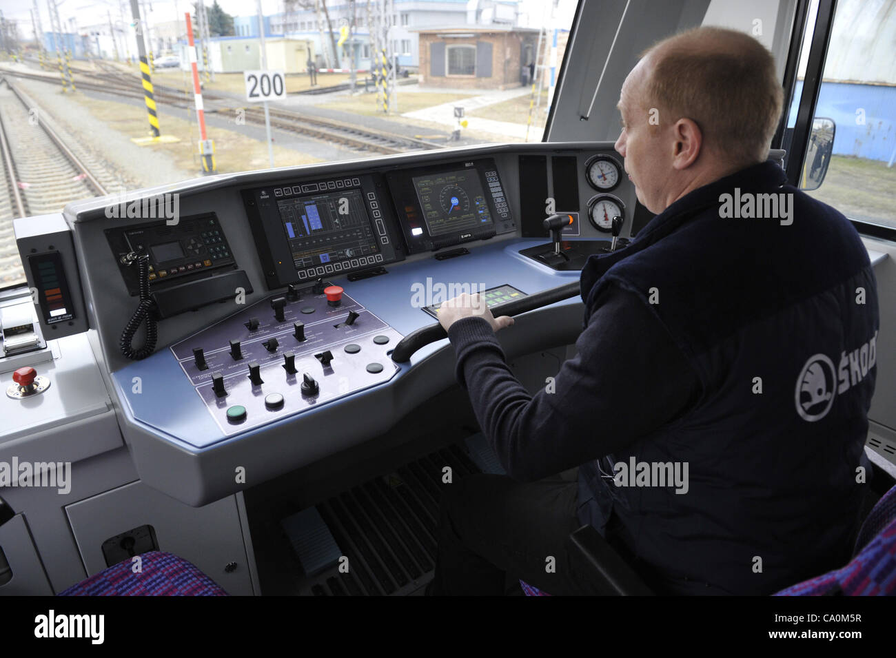 Electric double deck unit EJ675 is designated for inter-regional traffic primarily in Ukraine and will transport soccer fans during Euro 2012. Czech Republic, March 13, 2012 (CTK Photo/Petr Eret) Stock Photo