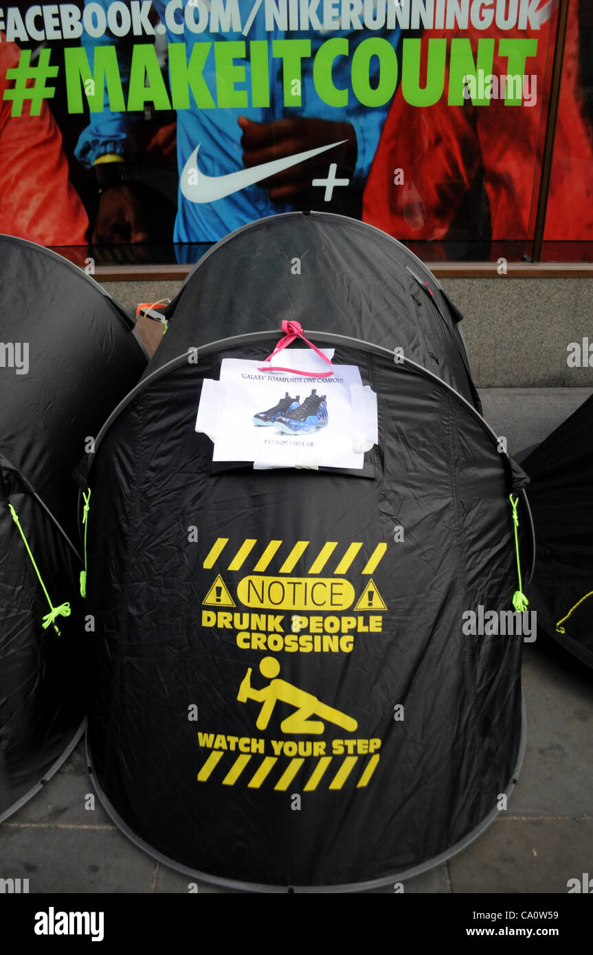 London, UK. 15/03/12. Fans of the Nike Air training shoes (Sneakers)  camping outside the Nike Town store in Oxford Circus to be the first to buy  the new Nike Air Foamposite One "
