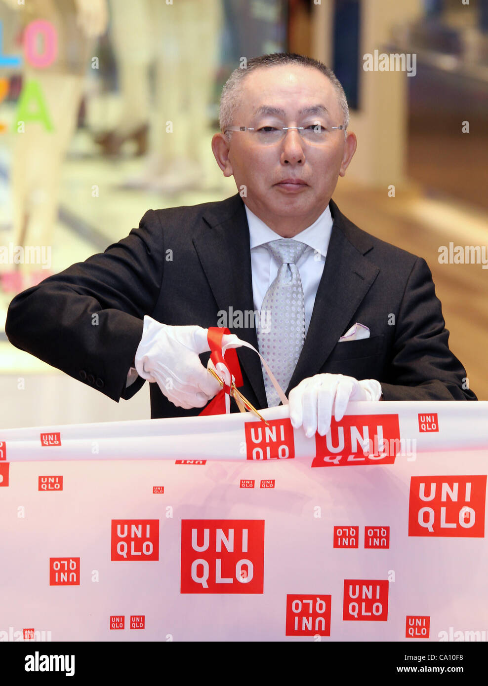 March 16, 2012 - Tokyo, Japan - Tadashi Yanai, Chairman, President & CEO of  Fast Retailing/Uniqlo attends an opening ceremony of the company's new  flagship store in Tokyo's Ginza district on Friday,