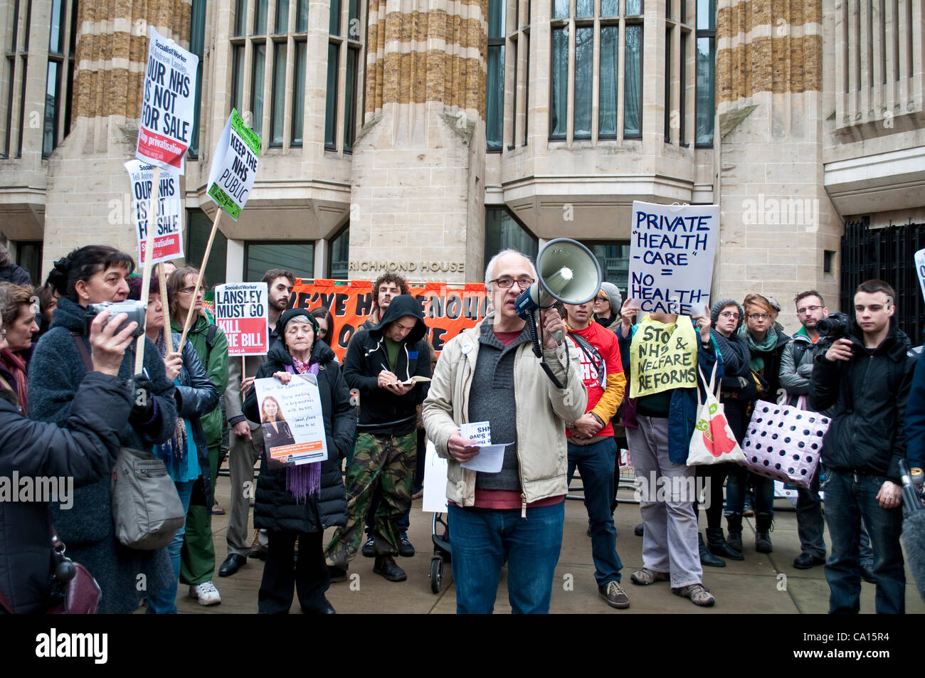 NHS protest in front of Department of Health, Richmond House, Whitehall, London, UK. Stock Photo