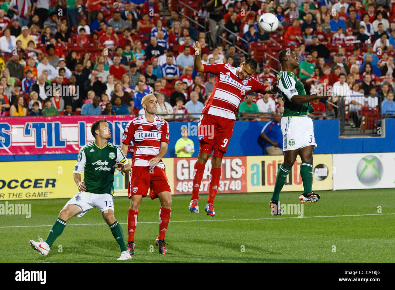 March 17, 2012 - Frisco, Texas, US - FC Dallas forward Blas Perez (9) and Portland Timbers defender Hanyer Mosquera (33) of Colombia battle for a header during action between FC Dallas and Portland Timbers.  FC Dallas and Portland draw their match 1-1 at FC Dallas Stadium. (Credit Image: © Andrew Di Stock Photo