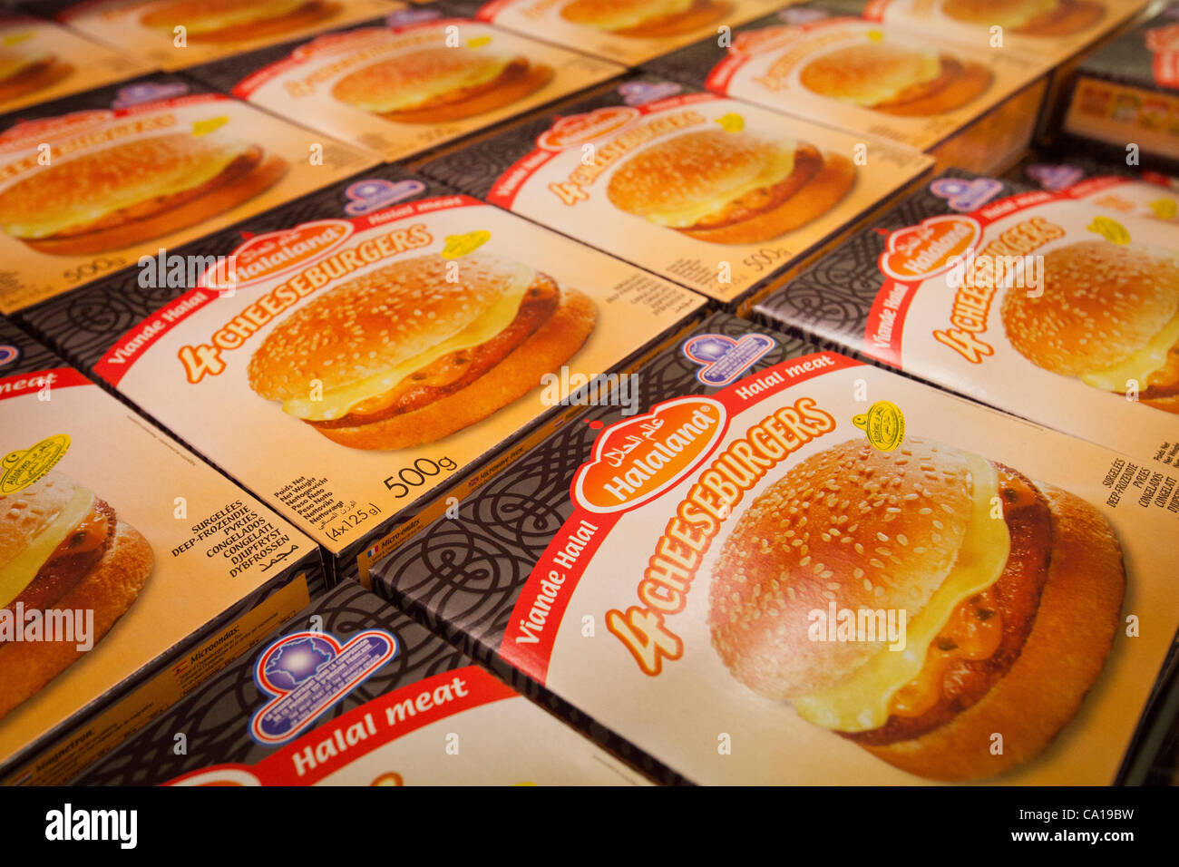 Packages of Halal cheese burgers in the freezer cabinet at a Halal supermarket in Nantes, France, 17 March 2012 Stock Photo