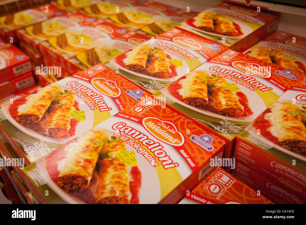 Packages of Halal cannelloni in the freezer cabinet at a Halal supermarket in Nantes, France, 17 March 2012 Stock Photo