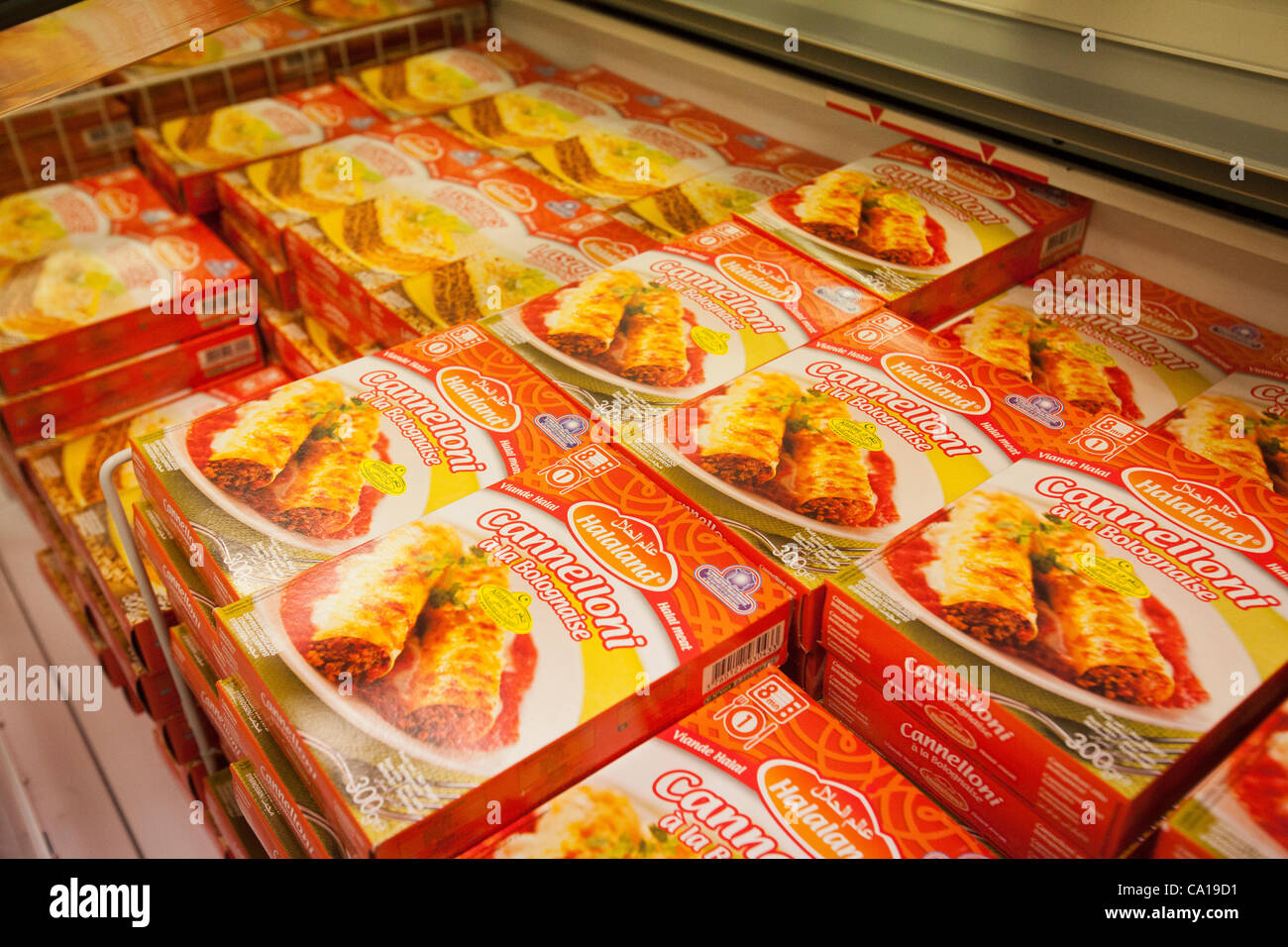 Packages of Halal cannelloni in the freezer cabinet at a Halal supermarket in Nantes, France, 17 March 2012 Stock Photo