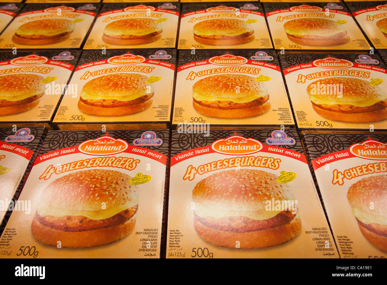 Packages of Halal cheese burgers in the freezer cabinet at a Halal supermarket in Nantes, France, 17 March 2012 Stock Photo