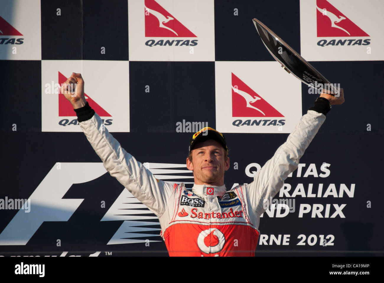 March 18, 2012 - Melbourne, Victoria, Australia - JENSON BUTTON of the Vodafone McLaren Mercedes Team celebrates after winning in the 2012 Formula One Australian Grand Prix at the Albert Park Circuit in Melbourne. (Credit Image: © Sydney Low/Southcreek/ZUMAPRESS.com) Stock Photo