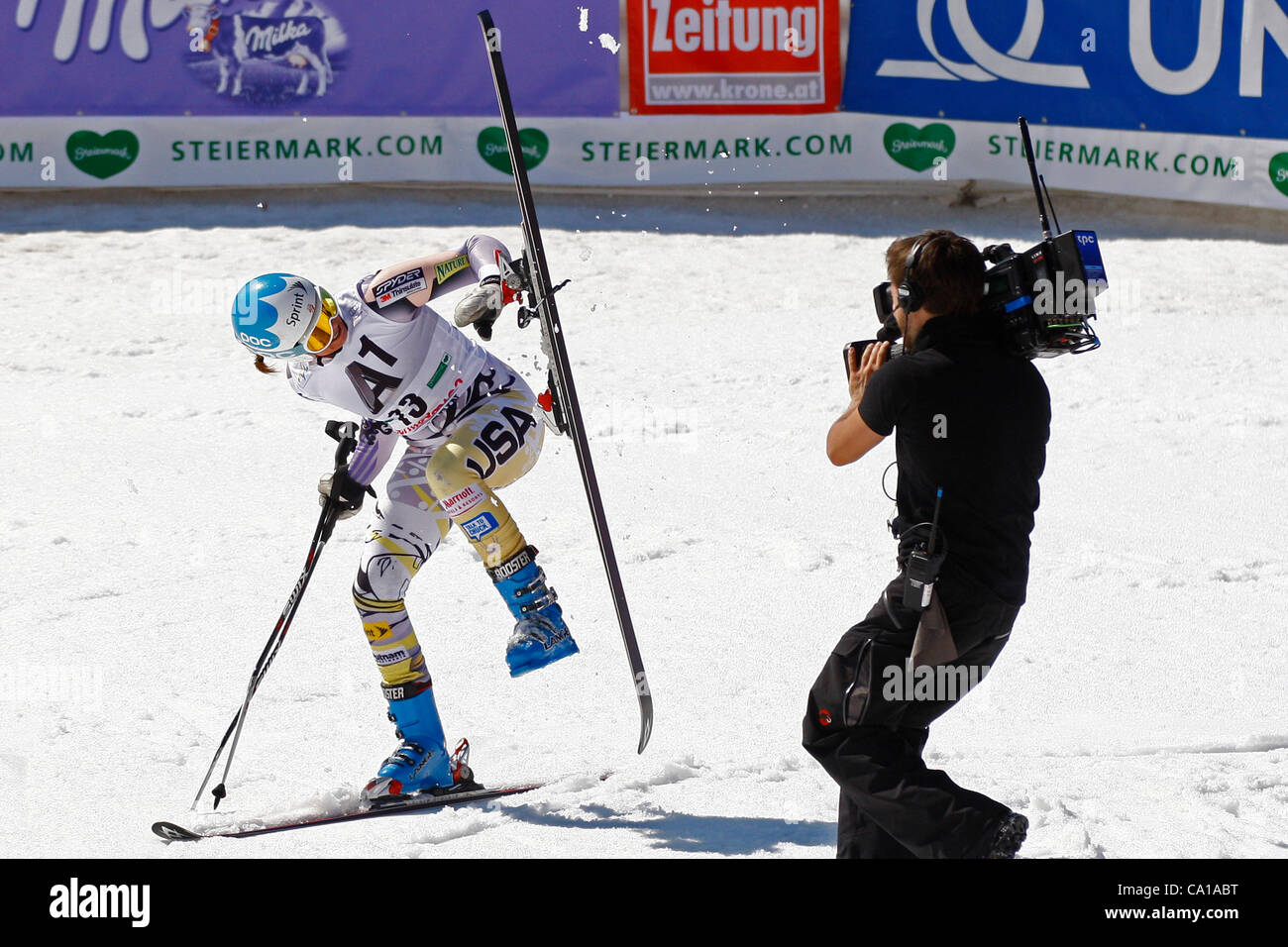 18 March 2012 Schladming, Austria. Julia Mancuso attempts the Cuche flick in the finish area of the womens giant slalom race at the alpine world cup skiing finals. Mandatory Credit: Mitchell Gunn Stock Photo