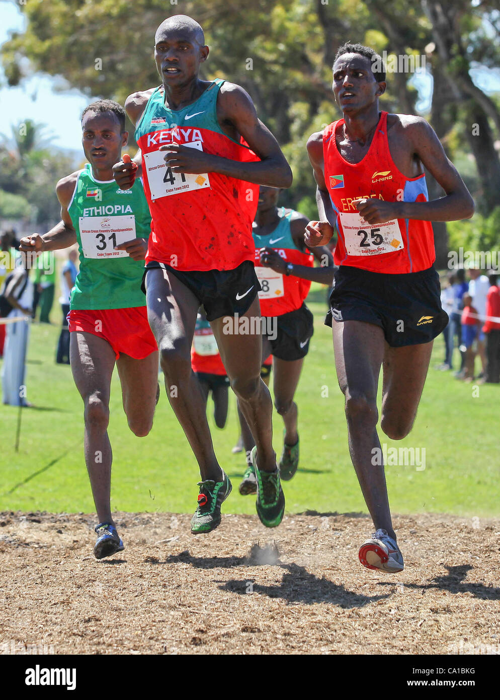 CAPE TOWN, SOUTH AFRICA, Sunday 18 March 2012,Clement Kiprono Langat of Kenya (41) and Teklemariam Medhin of Eritrea (25) in the senior mens 12km race during the African Cross Country Championships held at Keurboom Park, Rondebosch and hosted by Athletics South Africa and the Confederation of Africa Stock Photo
