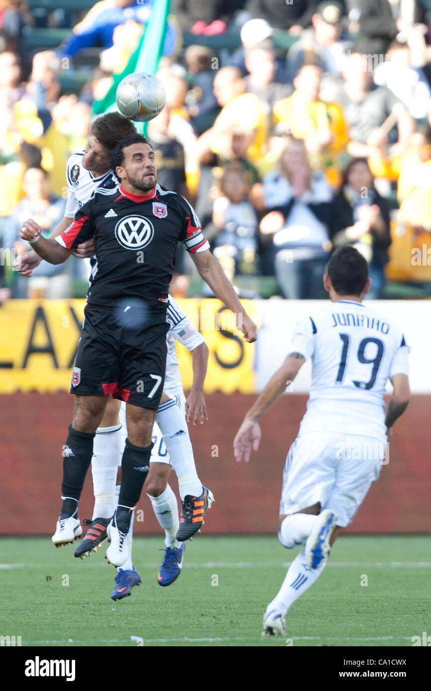 March 18, 2012 - Carson, California, U.S - Los Angeles Galaxy defender Andrew Boyens #29 and D.C. United midfielder Dwayne De Rosario #7 in action during the Major League Soccer game between DC United and the Los Angeles Galaxy at the Home Depot Center. The Galaxy went on to defeat United with a fin Stock Photo