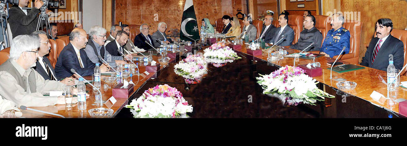 President, Asif Ali Zardari and Prime Minister, Syed Yousuf Raza Gilani chair meeting of the heads of allies parties held at Aiwan-e- Sadr in Islamabad on Tuesday, March 20, 2012. Stock Photo