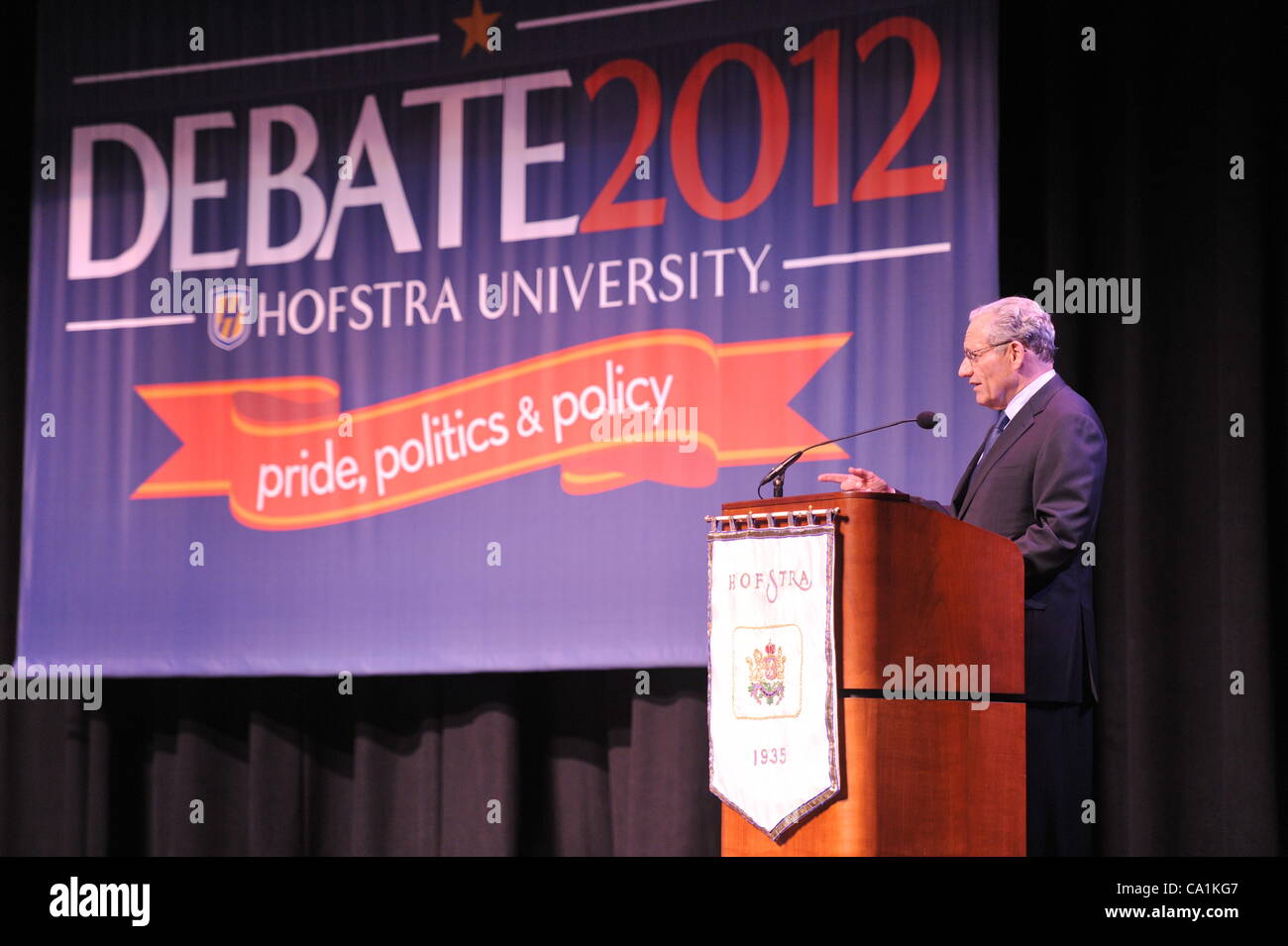Journalists Bob Woodward (shown at podium) and Carl Bernstein speaking on 40th Anniversary of Watergate, on Tuesday, March 20, 2012, at Hofstra University, Hempstead, New York, USA. This lecture was about the Watergate political scandal, which lead to resignation of President Richard Nixon, and is o Stock Photo