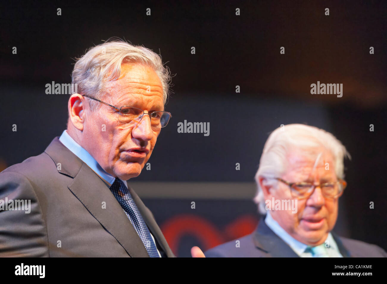 Journalists Bob Woodward (left) and Carl Bernstein (right) speak on 40th Anniversary of Watergate, on Tuesday, March 20, 2012, at Hofstra University, Hempstead, New York, USA. This lecture was about the Watergate political scandal, which lead to resignation of President Richard Nixon, and is one of Stock Photo