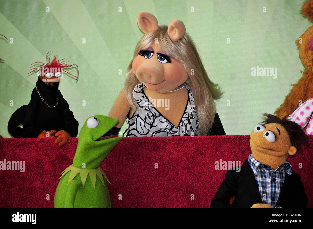 Pepe, Miss Piggy, Kermit, Walter at the induction ceremony for Star on the Hollywood Walk of Fame forThe Muppets, Hollywood Boulevard, Los Angeles, CA March 20, 2012. Photo By: Michael Germana/Everett Collection Stock Photo