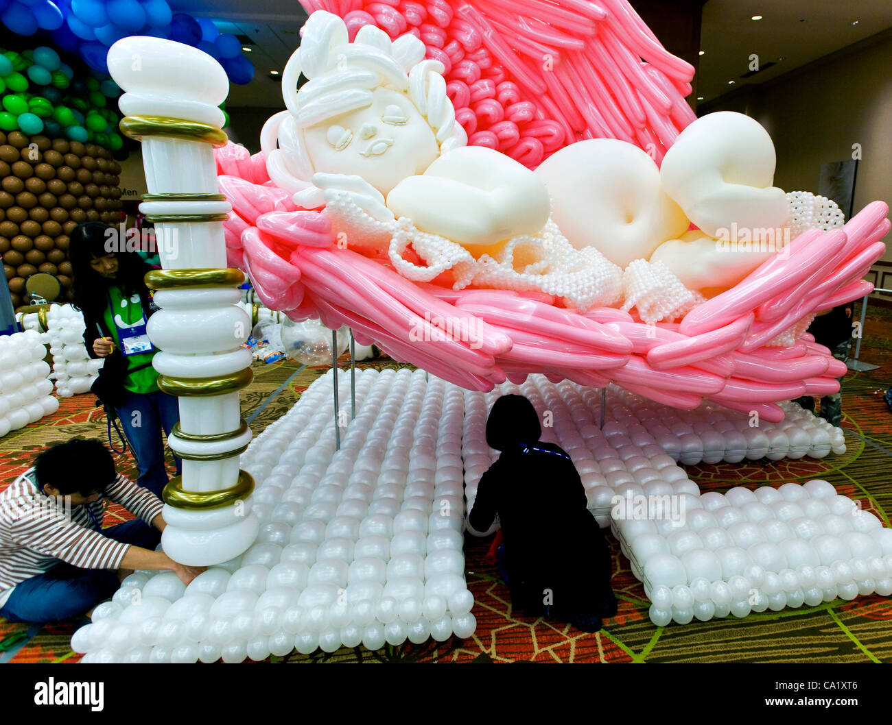 Dallas Texas Us Mar 21 2012 Balloon Artists Representing Fuwafuwa Co Ltd And Okayama Japan Construct Their Sculpture Angel During The Biennial World Balloon Convention At The Sheraton Dallas Hotel Approx 700
