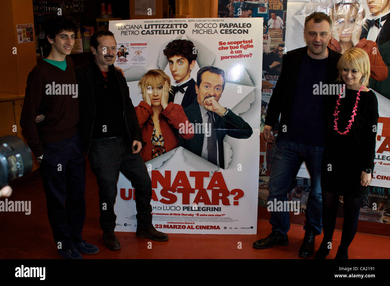 BOLOGNA, ITALY - MAR 22: [LtoR] Castellitto, Papaleo, Pellegrini, Littizzetto,in front of the banner of the new Movie 'A Star is Born' in Bologna, Italy on May 9, 2011. Stock Photo