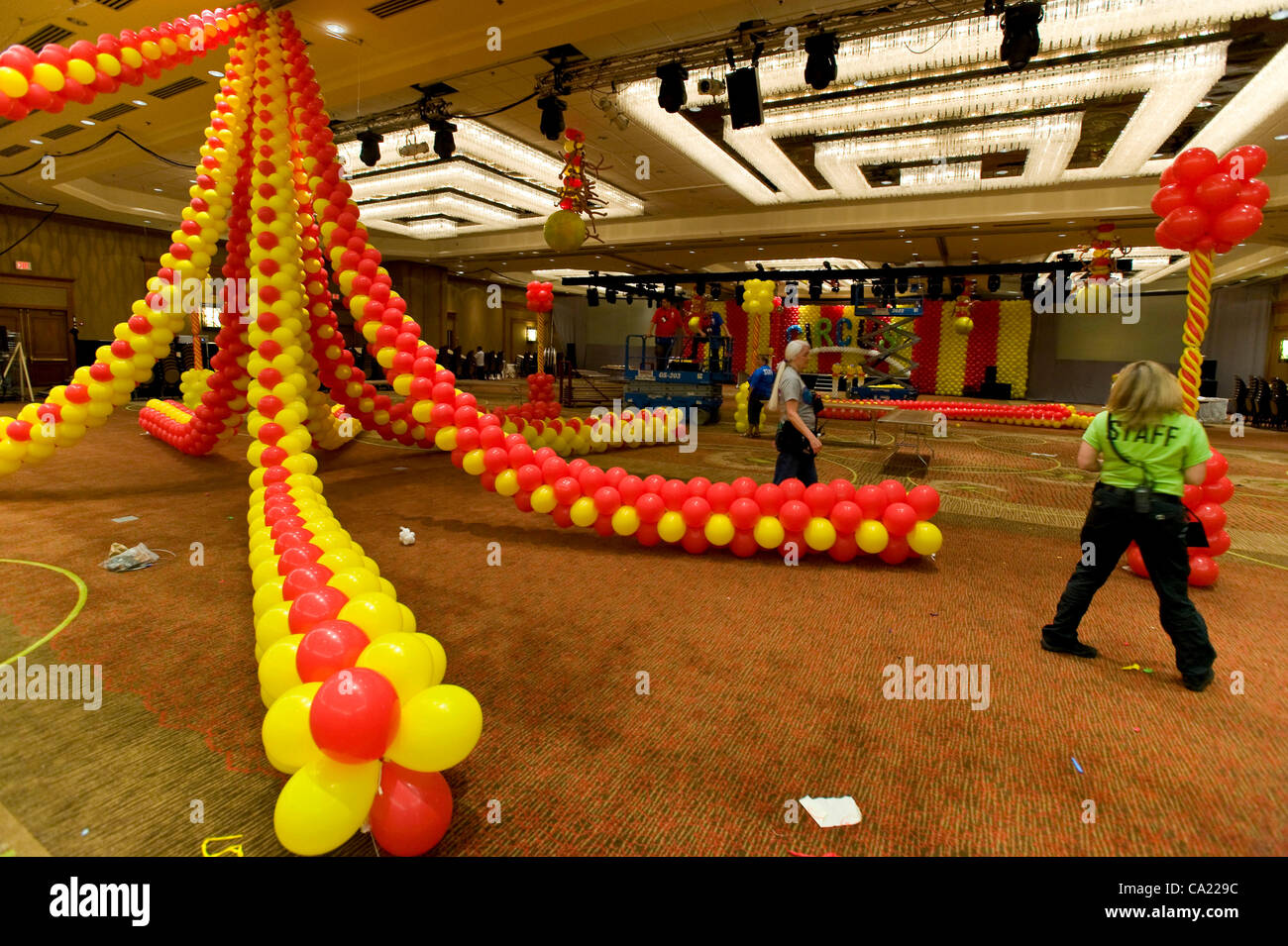 March 22, 2012 - Dallas, Texas, USA -  Balloon decorations are readied for the evening's costume party during the biennial World Balloon Convention at the Sheraton Dallas Hotel.  Attended by approximately 700 balloon artistry delegates and competitors from 46 countries, the WBC features sculptire co Stock Photo