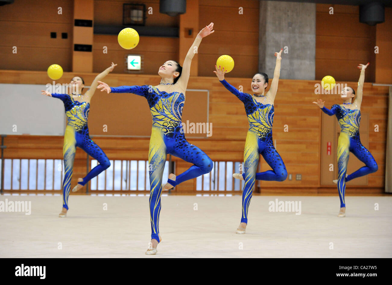 Japan National Team, MARCH 23, 2012 - Rhythmic Gymnastics : Japanese Rhythmic Gymnastics Team "FAIRY JAPAN POLA" open the practice for press at Japan Sports Institute of Science in Itabashi, Japan. (Photo by Atsushi Tomura /AFLO SPORT) [1035] Stock Photo