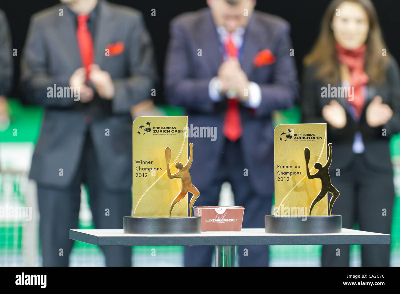 ZURICH, SWITZERLAND-MARCH 24: Trophy Ceremony for Carlos Moya and Stefan Edberg at BNP Paribas Open Champions Tour  in Zurich, SUI on March 24, 2012.  Moya won for medical reasons. Stock Photo