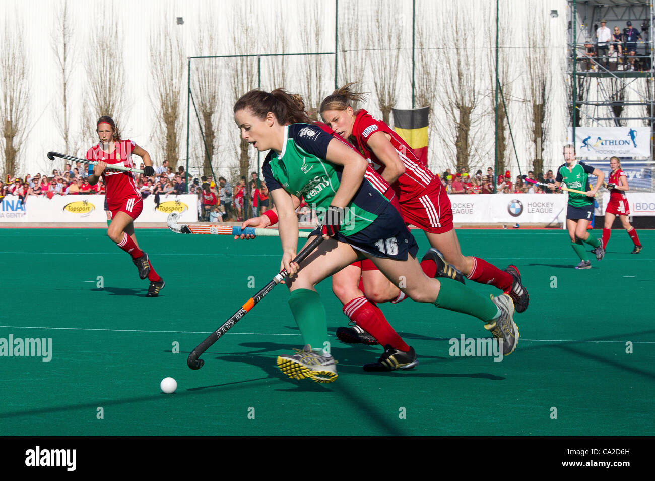 25.03.2012 - Kontich, Belgium - Pictured at the final of the Womens Hockey Olympic Qualifying Tournament between Ireland and Belgium. Aine Connery (16) for Ireland in full flight. Stock Photo