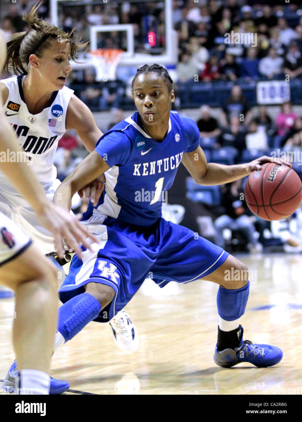 March 27, 2012 - Kingston, R.I, US - Kentucky's A'dia Mathies (1) was guarded by Connecticut's Caroline Doty in the first half of the Kentucky vs Connecticut Women's NCAA Elite Eight game at the Ryan Center in Kingston, R.I., on March 27, 2012. Photo by Pablo Alcala | Staff (Credit Image: © Lexingto Stock Photo