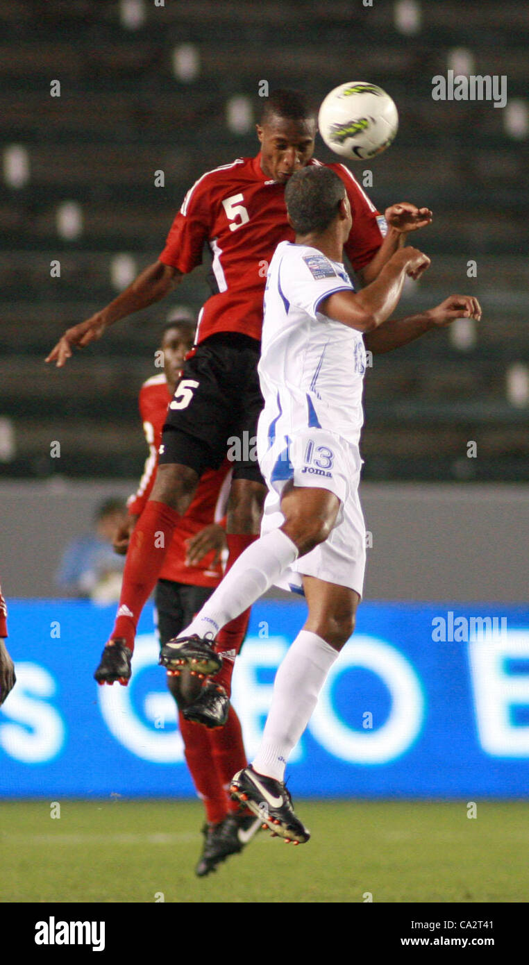 March 27, 2012 - Los Angeles, California, U.S. - Trinidad & Tobago's Kevan George (back) and Honduras' Eddie Hernandez fight for a ball during the 2012 CONCACAF Men's Olympic Qualifying game at The Home Depot Center on March 27, 2012 in Carson, California. Honduras won Trinidad & Tobago 2-0..E (Cred Stock Photo