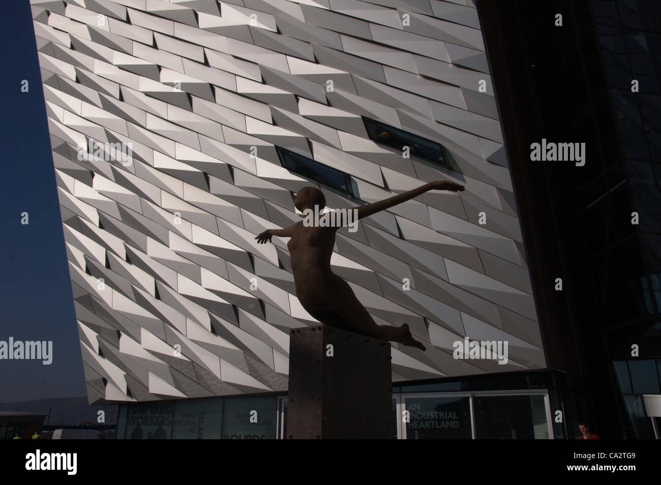 Statue of a mermaid at the entrance to Titanic Belfast visitor centre, Titanic Quarter, Belfast, Northern Ireland. 27 March 2012 Stock Photo