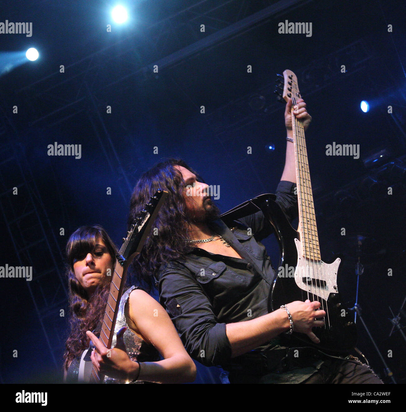 March 23, 2012 - Moscow, Russia - American musician and composer Tony MacAlpine performing in Moscow.Pictured: l- r musicians Nili Brosh and Bjorn Englen. (Credit Image: © PhotoXpress/ZUMAPRESS.com) Stock Photo