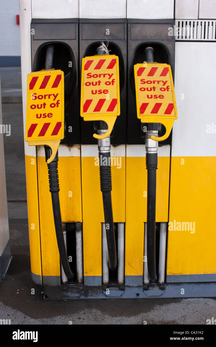 London, UK. March 29, 2012 - The petrol pumps with out of use markers on them due to the Shell petrol station on the Fulham road in West London having no fuel. The fuel shortage seems to be a result of panic buying from the general public after the threat of strike action by fuel tanker drivers. Stock Photo