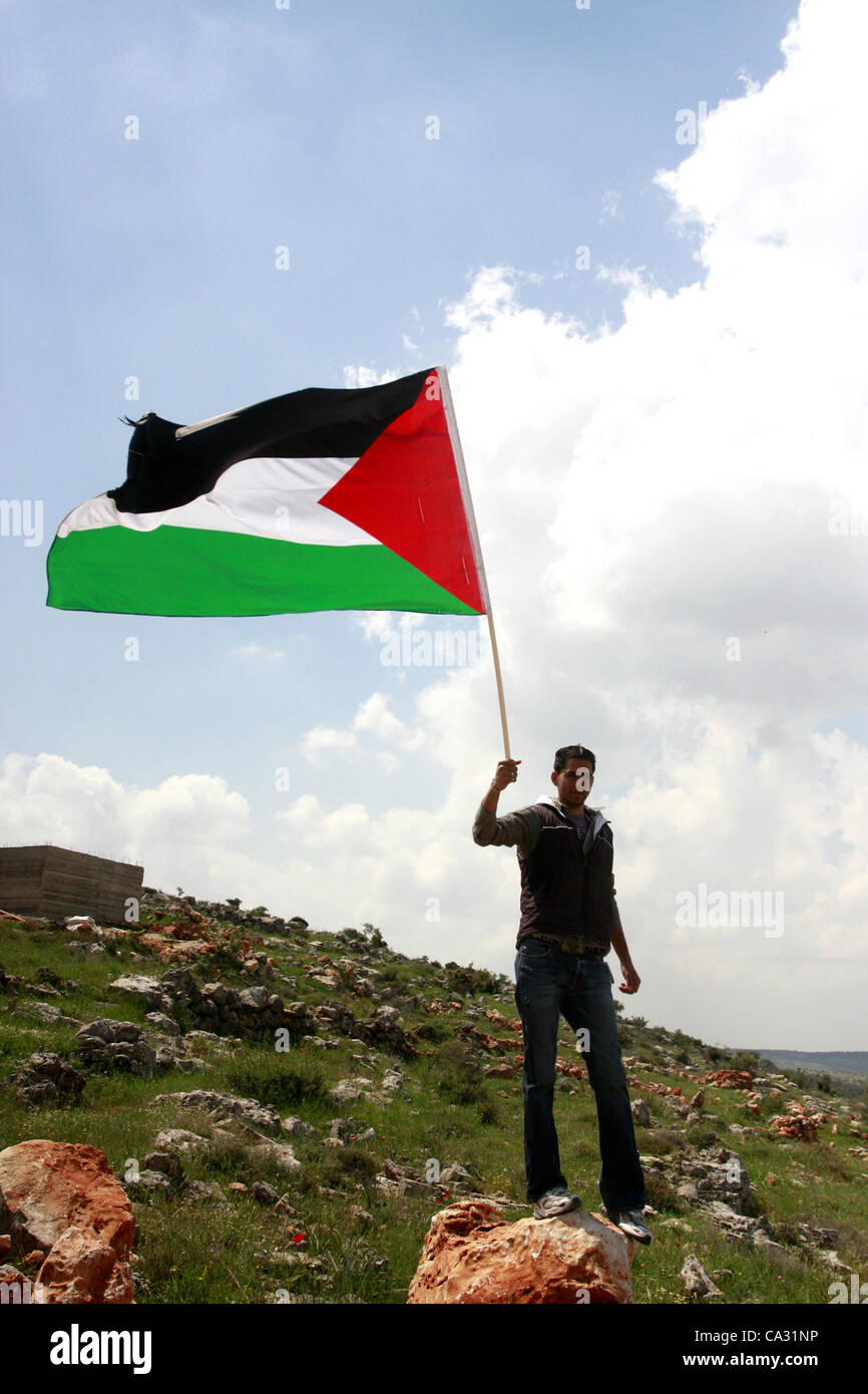 March 29, 2012 - Kufr Diek, West Bank, Palestinian Territories - A  Palestinian youth carries national flag to mark the anniversary of Land Day  in the village of Kafr al-Dik in the