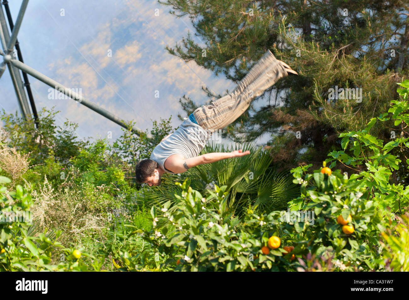 St Austell, Cornwall, UK. 29 March, 2012. Members of NoFit State Circus perform at the Eden Project for the press launch of their new show. Following last year's sellout-success, the circus will be performing at the Eden Project again in July 2012. Stock Photo