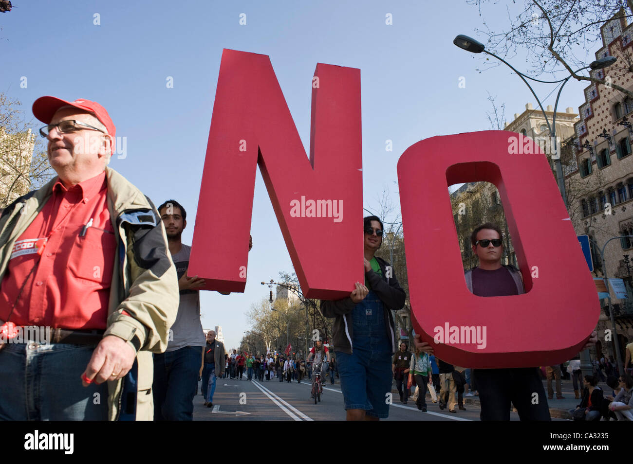 29 march, 2012 - Barcelona, Catalonia, Spain. 'No' letters held by protesters during the general strike in Spain against more government austerity measures Stock Photo