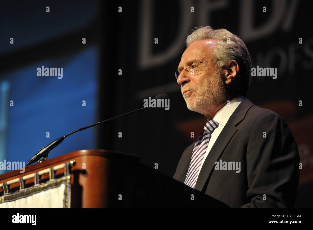 Wolf Blitzer, anchor of CNN’s The Situation Room, speaking at Hofstra University on Thursday, March 29, 2012, in Hempstead, New York, USA. During Blitzer's talk, he shared news clips, including from CNN presidential primary debates he moderated. Hofstra's "The World Today" event is part of “Debate 2 Stock Photo