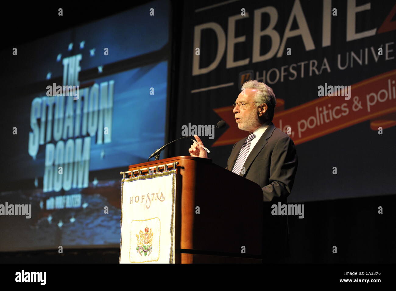 Wolf Blitzer, anchor of CNN’s The Situation Room, speaking at Hofstra University on Thursday, March 29, 2012, in Hempstead, New York, USA. During Blitzer's talk, he shared news clips, including from CNN presidential primary debates he moderated and Election Night 2008 which he anchored. Hofstra's "T Stock Photo