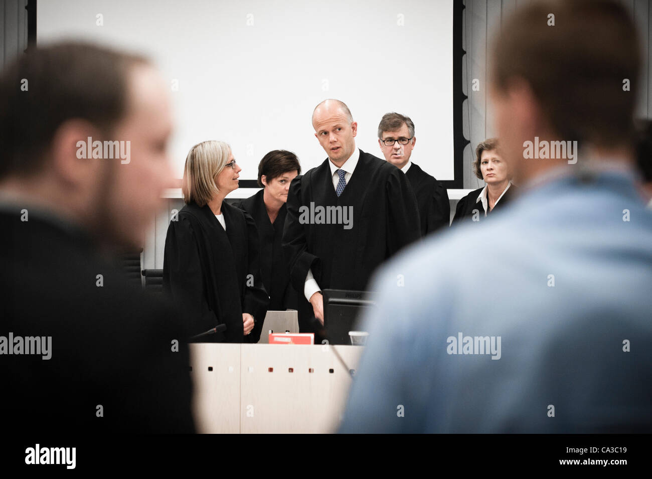 May 31, 2012 - Oslo, Norway: Counselors and prosecutors appears in the court during the trial against terrorist Anders Behring Brevik. From left in front, prosecutor Inga Bejer Engh and Svein Holden. From left in back, counsel Mette Yvonne Larsen, Frode Elgesem and Siv Hallgren. Stock Photo