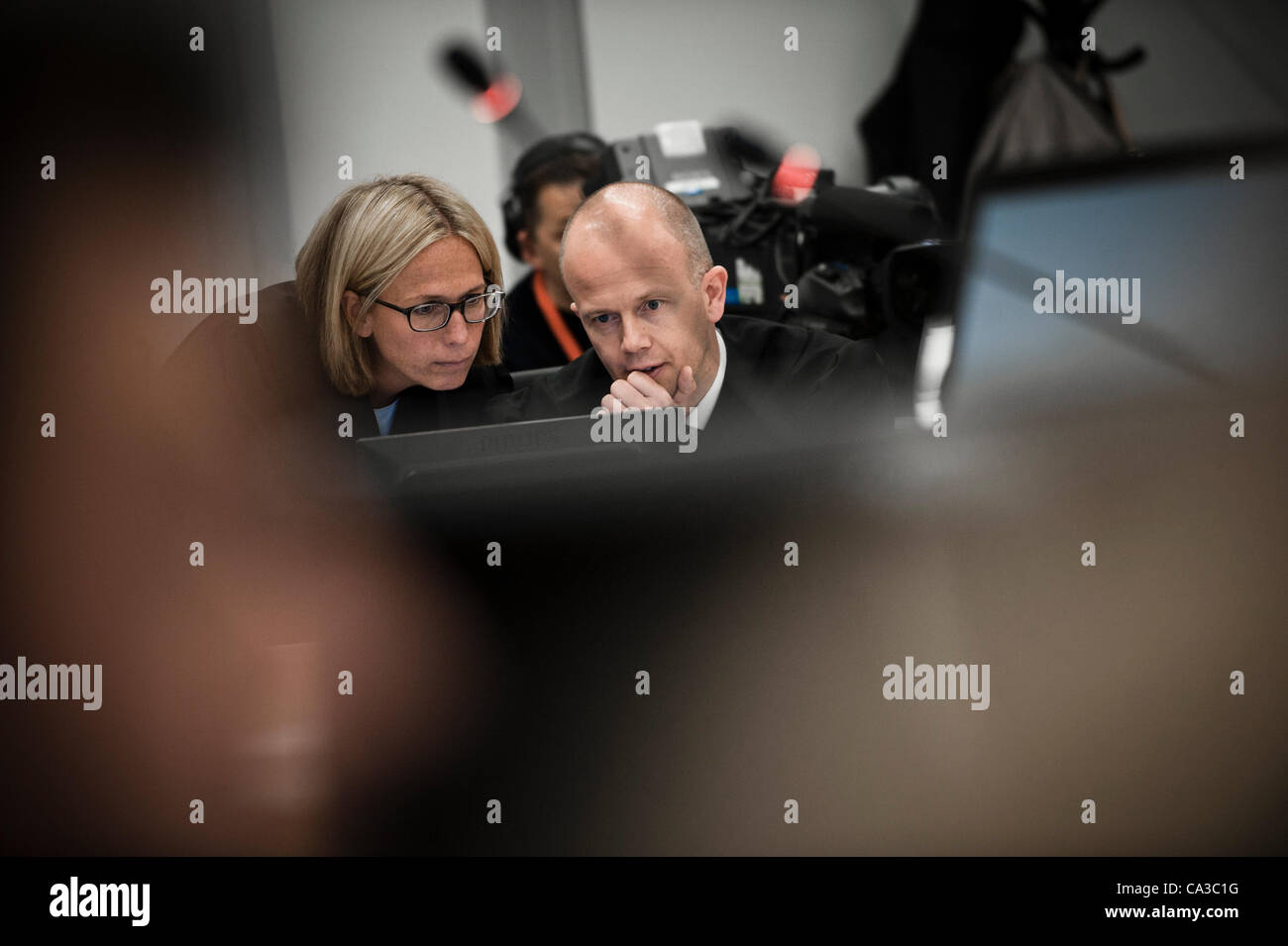 May 31, 2012 - Oslo, Norway: Prosecutors Inga Bejer Engh and Svein Holden in the court room where the trial against terrorist Anders Behring Breivik continues on it´s seventh week. Stock Photo