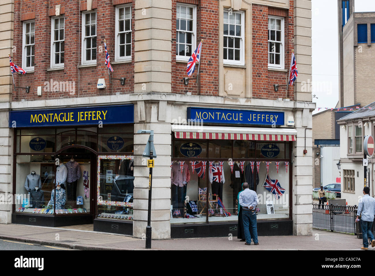 Montague Jeffery shop front Flying the Union Jack to celebrate the   Queen's diamond jubilee Northampton Northants England UK Stock Photo
