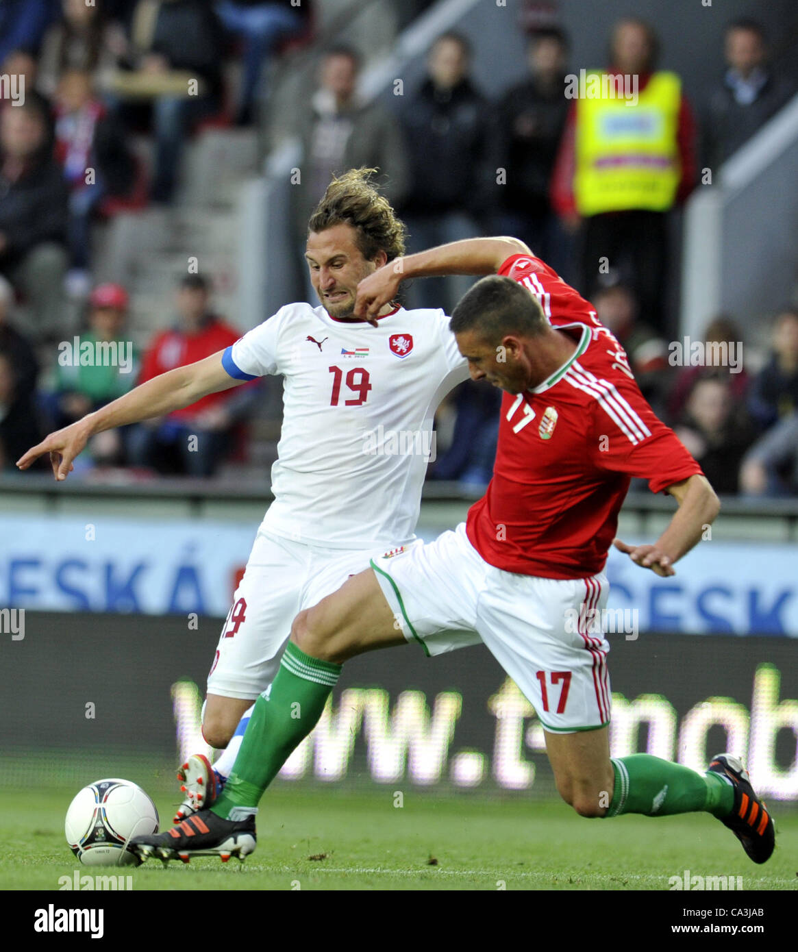 BUDAPEST, HUNGARY - APRIL 13, 2016: Gabor Gyomber Of Ferencvaros (l) Shots  On Target Next To Norbert Meszaros Of DVSC During Ferencvaros - DVSC  Hungarian Cup Semi-final Football Match At Groupama Arena.