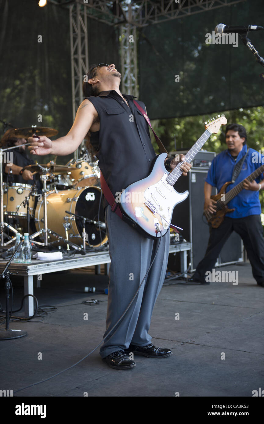 JoJo, bass guitar player for the Grammy Award winning Rock-N-Roll trio Los  Lonely Boys, grimaces as he plays during a music concert featuring the  Texas based band, at Contingency Operating Base Speicher