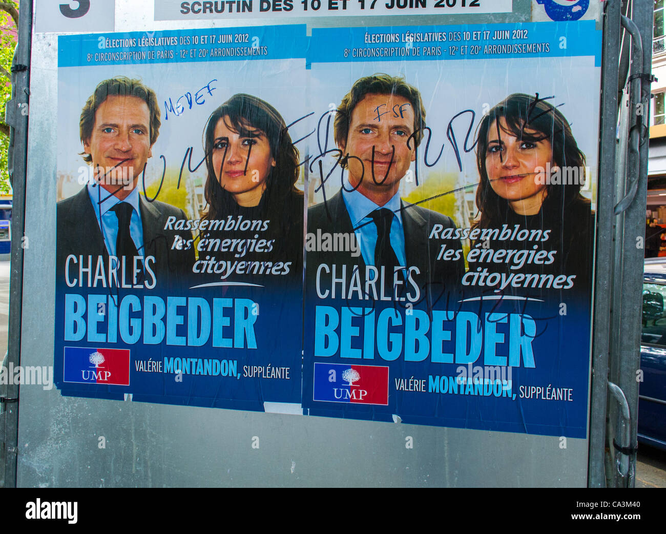 Paris, France, Poiitics, Detail, Parliamentary Elections Campaign Street Posters, with graffiti written on them, different campaign signs Stock Photo